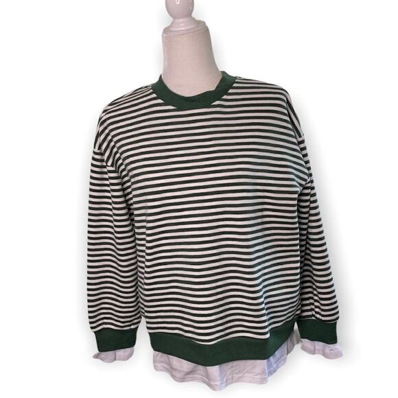 CALI BE Nordstrom Pullover Sweater Green White Stripe Peekaboo Hem SZ S NWT - Picture 1 of 9